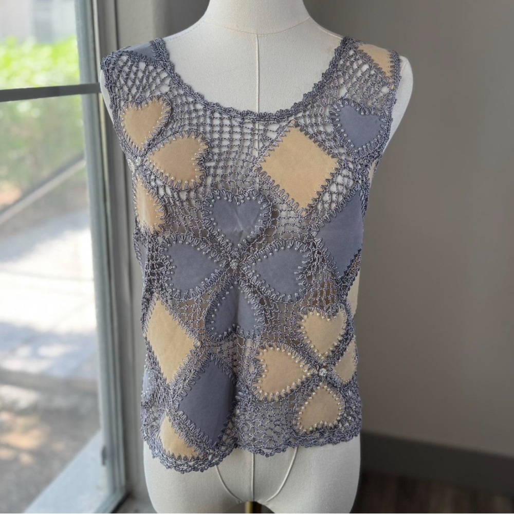Crochet Lilac and Tan Tank Top with beaded accents. Size M/L
